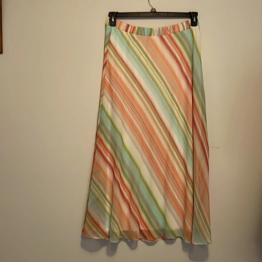 Chico's Pastel Diagonal Stripe A-Line Skirt in Coral, Mint & Ivory